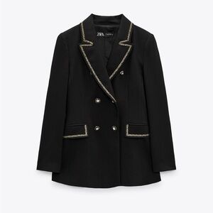 Zara black metallic gold piping blazer size XS